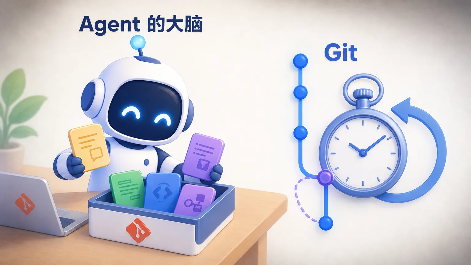 白蓝机器人将发光文档卡片放入提交盒,右侧怀表与 Git 时间线展示为 Agent 大脑增加版本回退能力。