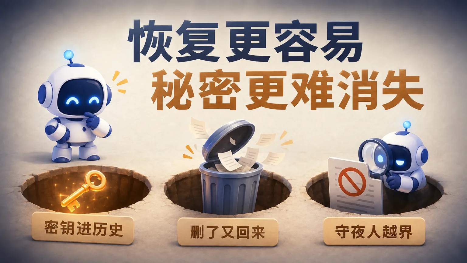 机器人面前三个坑分别展示密钥进入历史、删除文件复活和守夜人越界,提醒恢复更容易而秘密更难消失。