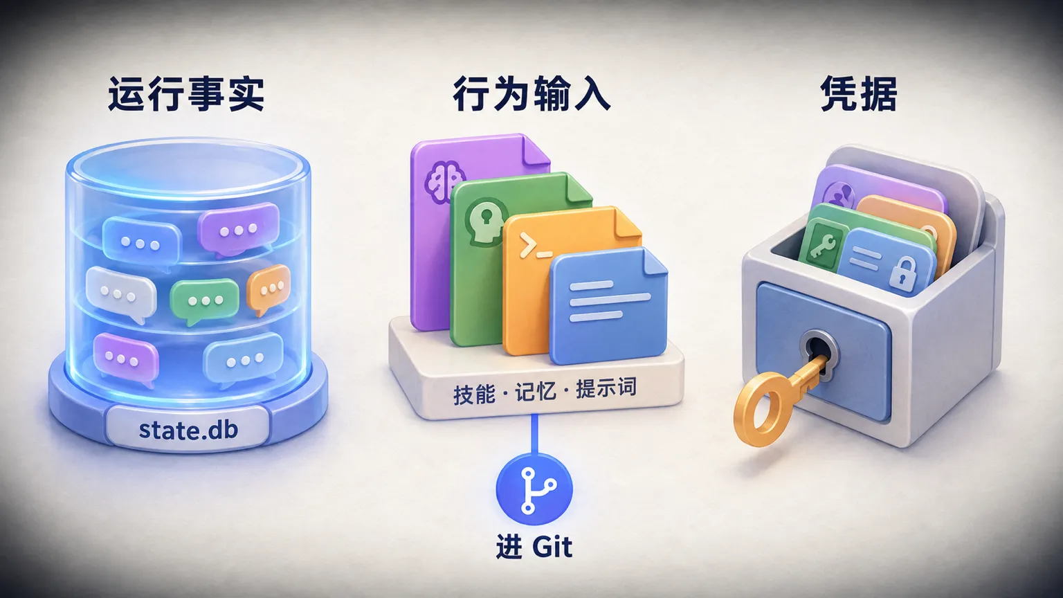 数据库、行为文档与上锁凭据构成三个世界,只有技能、记忆和提示词连接 Git,说明版本管理的边界。