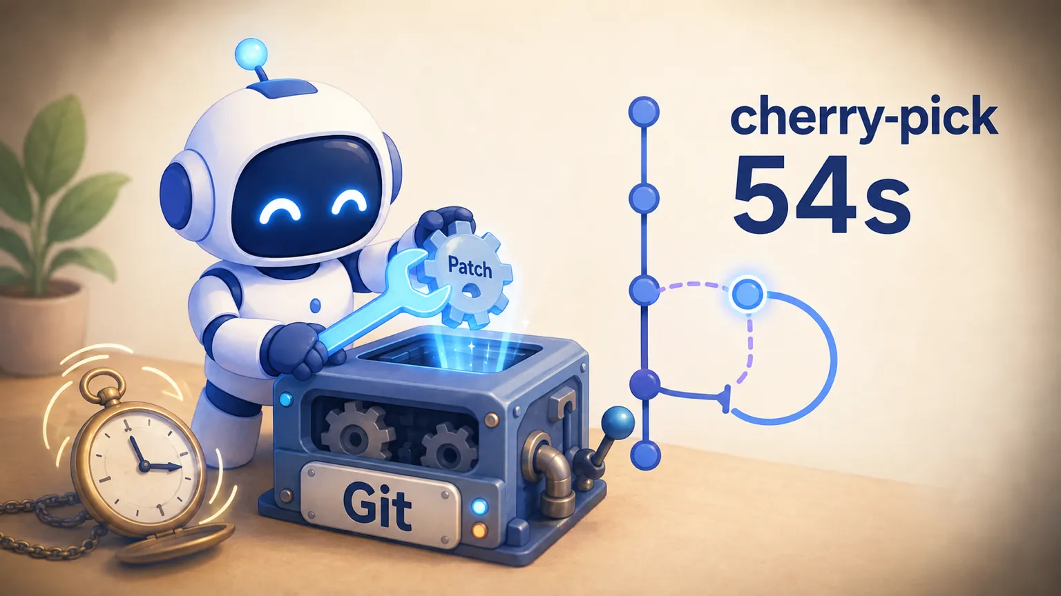 机器人用发光扳手将 Patch 齿轮装回 Git 机器,怀表与回连节点说明 cherry-pick 在 54 秒仓库时间窗内救回补丁。